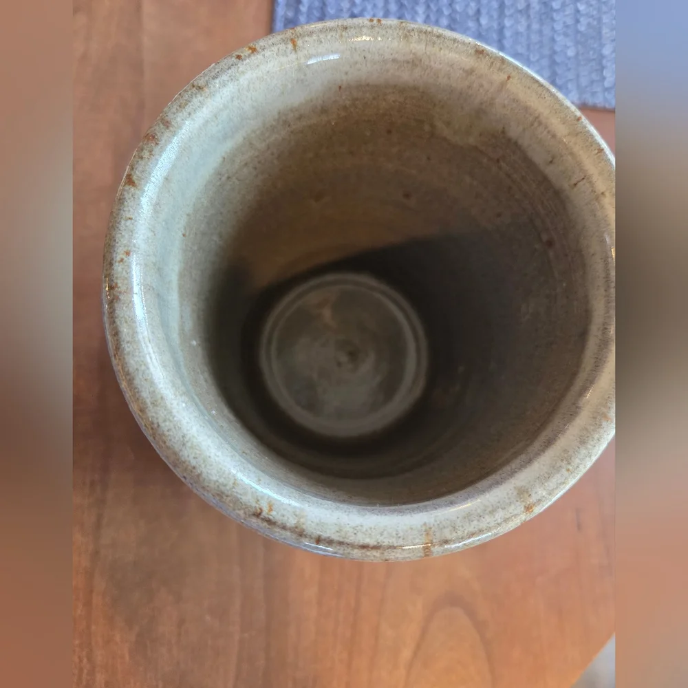 Pottery Crock Marked 'Spoons' Tan/Gray Glaze With Blue Wheat Sheafs
